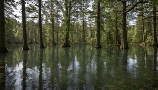 outdoors,sky,day,water,tree,dutch angle,no humans,sunlight,nature,scenery,forest,reflection,ripples,lake,reflective water,solo,plant,landscape