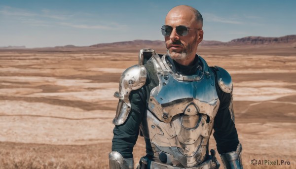 solo,1boy,upper body,male focus,outdoors,sky,day,dark skin,armor,blue sky,facial hair,sunglasses,dark-skinned male,shoulder armor,beard,pauldrons,breastplate,realistic,mustache,sand,bald,old,desert,glasses,military,facing viewer,science fiction