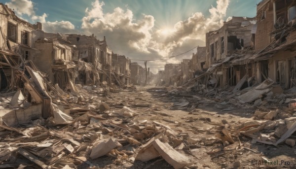 outdoors,sky,day,cloud,blue sky,no humans,sunlight,cloudy sky,building,scenery,city,sun,road,cityscape,ruins,power lines,debris,rubble,post-apocalypse,window,rock,destruction,broken window