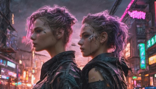 short hair, blue eyes, multiple girls, 2girls, jewelry, jacket, upper body, pink hair, earrings, outdoors, parted lips, blurry, from side, torn clothes, profile, night, blurry background, piercing, ear piercing, rain, city, realistic, nose, cyberpunk