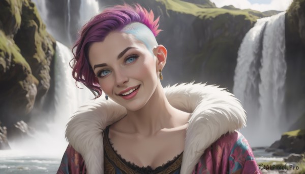 1girl,solo,breasts,looking at viewer,smile,short hair,open mouth,blue eyes,cleavage,jewelry,medium breasts,collarbone,jacket,upper body,pink hair,purple hair,white hair,multicolored hair,earrings,outdoors,parted lips,teeth,day,water,grin,two-tone hair,lips,coat,looking to the side,fur trim,makeup,piercing,lipstick,portrait,eyeshadow,asymmetrical hair,rock,realistic,nose,red lips,undercut,waterfall,eyebrow cut,head tilt,eyelashes,thick eyebrows,ear piercing,pink lips,very short hair,mascara,mohawk