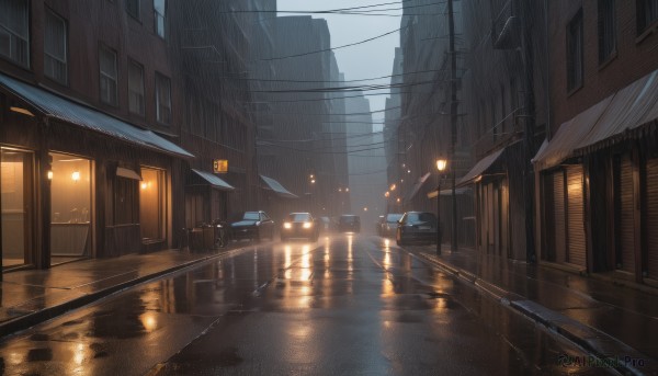 outdoors,sky,water,no humans,window,night,ground vehicle,building,scenery,motor vehicle,reflection,rain,city,sign,car,light,road,cityscape,house,bridge,power lines,lamppost,street,utility pole,puddle,train,reflective water,cloud