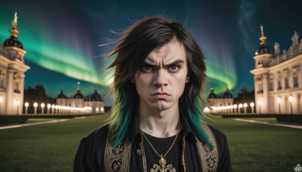 1girl,solo,long hair,looking at viewer,blue eyes,shirt,black hair,1boy,jewelry,closed mouth,upper body,male focus,multicolored hair,outdoors,sky,signature,necklace,black eyes,lips,black shirt,gradient hair,night,watermark,star (sky),night sky,web address,starry sky,realistic,nose,castle,brown hair,jacket,green hair,artist name,blurry,two-tone hair,blurry background,messy hair,angry,aurora