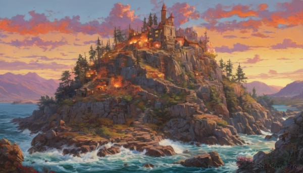 The wonder of a waterfall in a picturesque sunset outdoors