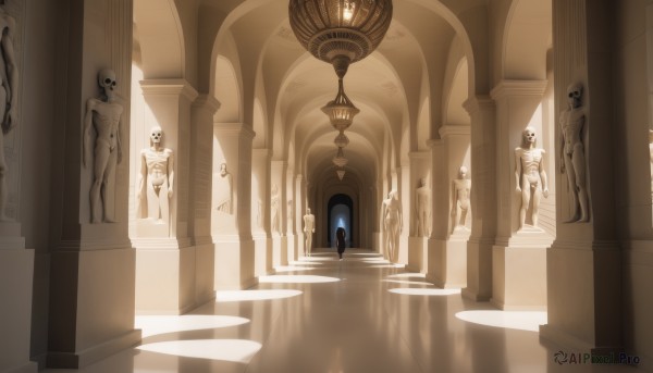 1girl,solo,short hair,standing,monochrome,nude,multiple boys,indoors,scenery,walking,stairs,light,wide shot,pillar,statue,column,long hair,blonde hair,1boy,male focus,wings,day,pants,window,halo,sunlight,reflection,skull,robe,angel,architecture,skeleton,hallway,church,arch,reflective floor