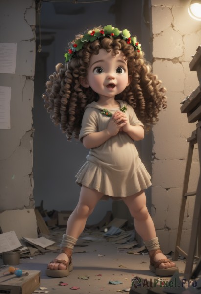 1girl,solo,long hair,open mouth,brown hair,dress,brown eyes,standing,full body,white dress,drill hair,sandals,own hands together,child,curly hair,paper,female child,own hands clasped,head wreath,looking at viewer,hair ornament,food,lips,loli,short dress,aged down,candy,realistic