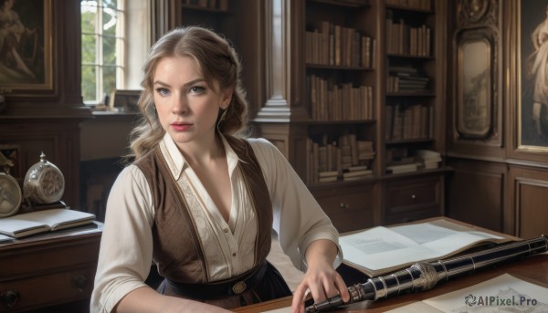 1girl,solo,long hair,looking at viewer,blue eyes,brown hair,shirt,long sleeves,white shirt,upper body,weapon,day,collared shirt,sword,indoors,vest,lips,gun,book,window,sunlight,freckles,paper,realistic,bookshelf,candle,photo (object),brown vest,antique firearm,blonde hair,brown eyes,mole,makeup,instrument,desk,scroll,quill,portrait (object),inkwell