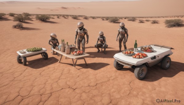 weapon,outdoors,food,multiple boys,armor,cup,shadow,table,3boys,helmet,bottle,knife,ground vehicle,motor vehicle,plate,science fiction,car,multiple others,vehicle focus,meat,desert,holding,sword,gun,fruit,rifle,alcohol,orange (fruit),wine bottle,tomato