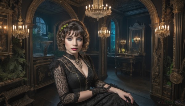 1girl,solo,breasts,looking at viewer,short hair,bangs,brown hair,black hair,hair ornament,long sleeves,dress,cleavage,jewelry,medium breasts,sitting,closed mouth,choker,indoors,necklace,nail polish,mole,black eyes,black dress,bracelet,lips,fingernails,see-through,grey eyes,dutch angle,window,makeup,night,chair,table,ring,plant,lipstick,lace trim,lace,pendant,eyeshadow,watch,wooden floor,potted plant,lamp,candle,gothic,arch,candlestand,candlelight,smile,blue eyes,gloves,purple eyes,red lips