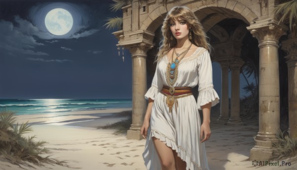 1girl,solo,long hair,breasts,looking at viewer,smile,bangs,brown hair,long sleeves,dress,brown eyes,jewelry,closed mouth,standing,collarbone,earrings,outdoors,sky,cloud,water,necklace,white dress,tree,lips,sash,makeup,night,ocean,beach,moon,cloudy sky,grass,gem,star (sky),night sky,full moon,starry sky,sand,palm tree,arms at sides,horizon,pillar,moonlight,arch,column,braid,parted lips,belt,plant,pendant