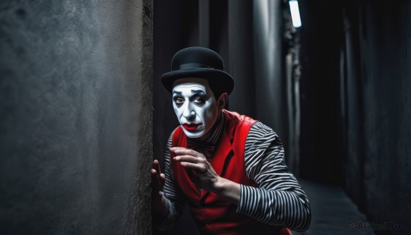 solo,looking at viewer,open mouth,shirt,black hair,long sleeves,1boy,hat,upper body,male focus,striped,black eyes,vest,black headwear,makeup,parody,lipstick,striped shirt,realistic,red vest,red lips,dark,lamppost,fedora,horror (theme),clown,red shirt,pale skin,facepaint,bowler hat