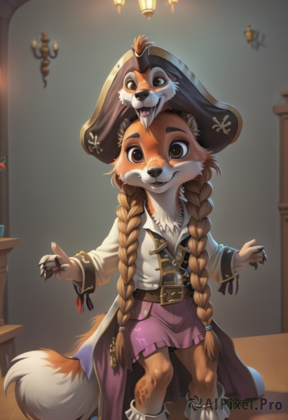 1girl,solo,long hair,looking at viewer,smile,open mouth,skirt,brown hair,shirt,hat,brown eyes,very long hair,standing,tail,braid,belt,indoors,twin braids,thick eyebrows,child,furry,furry female,candle,pirate hat,pirate,long sleeves,dress,animal ears,twintails,teeth,artist name,blurry,flat chest,fingernails,blurry background,fangs,watermark,table,hair over shoulder,web address,claws,pink skirt,freckles,dog,on head,brown belt,body fur,animal on head,snout,brown fur,fangs out