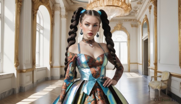 1girl,solo,long hair,breasts,looking at viewer,blue eyes,black hair,hair ornament,long sleeves,dress,cleavage,bare shoulders,twintails,jewelry,medium breasts,standing,collarbone,braid,cowboy shot,earrings,parted lips,choker,indoors,necklace,off shoulder,twin braids,lips,hand on hip,window,makeup,blue dress,table,sunlight,gem,pendant,mirror,realistic,off-shoulder dress,red lips,mole,floral print,forehead,nose,multicolored dress