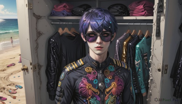 solo,looking at viewer,short hair,bangs,1boy,blue hair,jacket,upper body,purple hair,male focus,outdoors,parted lips,sky,solo focus,day,cloud,water,blue sky,lips,black jacket,makeup,ocean,beach,sunglasses,zipper,sand,door,locker,clothes hanger,1girl,shirt,long sleeves,jewelry,closed mouth,multicolored hair,earrings,indoors,piercing,ear piercing,mirror,horizon,leather,waves,leather jacket,medal,sticker,patch,laundry,clothes