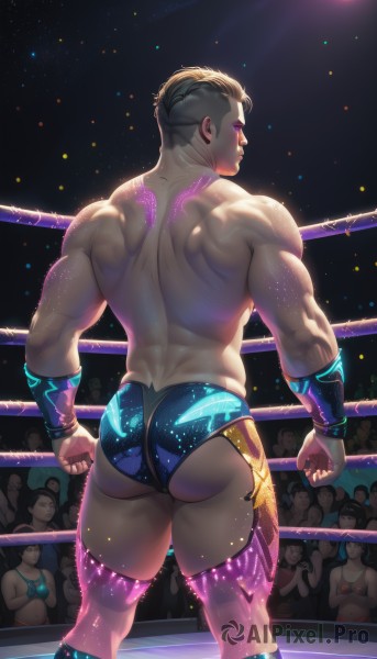 solo,short hair,multiple girls,black hair,1boy,closed mouth,ass,male focus,thighs,sky,solo focus,from behind,tattoo,muscular,night,back,thick thighs,muscular male,wristband,bara,topless male,undercut,crowd,wrestling outfit,median furrow,back tattoo,thick arms,wrestling ring,multiple boys,shorts,artist name,bodysuit,pectorals,large pectorals,confetti,spotlight,stage lights