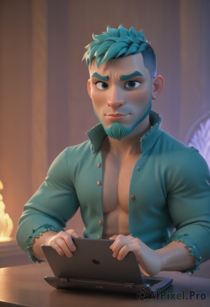 solo,looking at viewer,smile,short hair,shirt,1boy,closed mouth,green eyes,blue hair,jacket,upper body,male focus,green hair,open clothes,indoors,blurry,torn clothes,open shirt,aqua hair,muscular,blurry background,facial hair,abs,thick eyebrows,pectorals,muscular male,bara,beard,large pectorals,sideburns,mature male,realistic,green shirt,mustache,computer,undercut,partially unbuttoned,chest hair,pectoral cleavage,laptop,tablet pc,aqua shirt,holding,artist name,open jacket