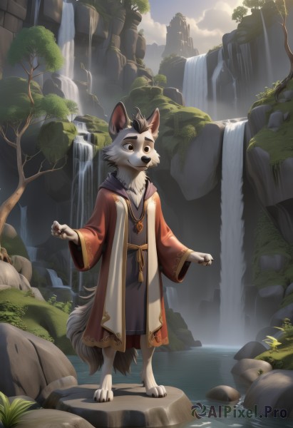 solo,long sleeves,1boy,animal ears,brown eyes,jewelry,standing,tail,full body,male focus,outdoors,sky,barefoot,day,cloud,wide sleeves,water,necklace,black eyes,tree,sunlight,wolf ears,cloudy sky,scenery,claws,wolf tail,furry,robe,rock,furry male,white fur,river,waterfall,snout,cliff,moss,wolf boy,smile,short hair,closed mouth,multicolored hair,open clothes,artist name,signature,hood,two-tone hair,blue sky,coat,looking to the side,:3,watermark,happy,ring,grass,nature,black nails,pendant,fantasy,body fur,animal nose,brown fur,two-tone fur,pawpads,grey fur,furrification