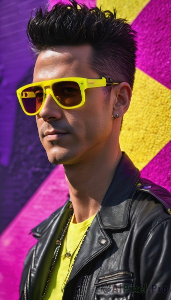 solo,shirt,black hair,1boy,jewelry,closed mouth,jacket,upper body,male focus,earrings,glasses,dark skin,necklace,lips,black jacket,sunglasses,dark-skinned male,purple background,yellow shirt,realistic,nose,leather,leather jacket,aviator sunglasses,mole,facial hair,zipper,animification