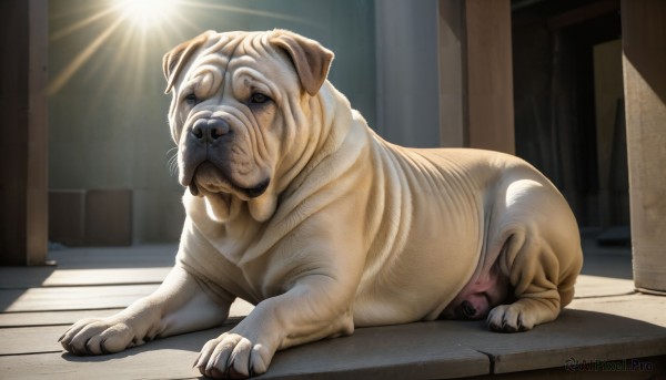 HQ,solo,looking at viewer,closed mouth,full body,lying,indoors,no humans,animal,sunlight,on stomach,dog,light rays,realistic,door,animal focus,brown eyes,closed eyes,signature,watermark,cat,sleeping,puppy