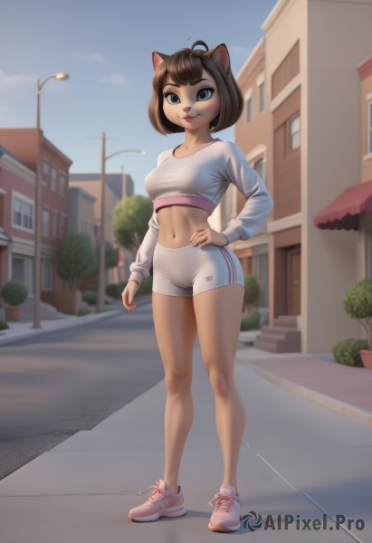 1girl,solo,breasts,looking at viewer,smile,short hair,bangs,blue eyes,brown hair,shirt,long sleeves,navel,animal ears,brown eyes,medium breasts,closed mouth,standing,full body,white shirt,ahoge,small breasts,outdoors,sky,shoes,shorts,day,midriff,artist name,cat ears,blurry,tree,blue sky,lips,crop top,hand on hip,short shorts,cameltoe,watermark,bob cut,antenna hair,cat girl,bike shorts,building,sneakers,furry,white shorts,sports bra,furry female,pink footwear,road,house,lamppost,animal nose,street,no socks,collarbone,stomach,bare legs,makeup,sportswear