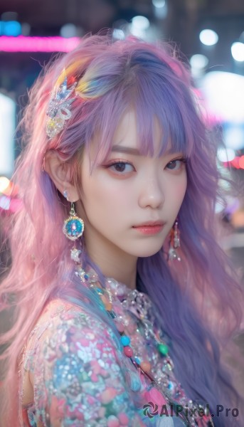 1girl,solo,long hair,looking at viewer,bangs,blue eyes,hair ornament,jewelry,closed mouth,upper body,pink hair,purple hair,multicolored hair,earrings,necklace,blurry,black eyes,from side,lips,eyelashes,makeup,depth of field,blurry background,gem,portrait,realistic,nose,bokeh,brown eyes,wavy hair,pink lips,pearl necklace,pearl (gemstone)