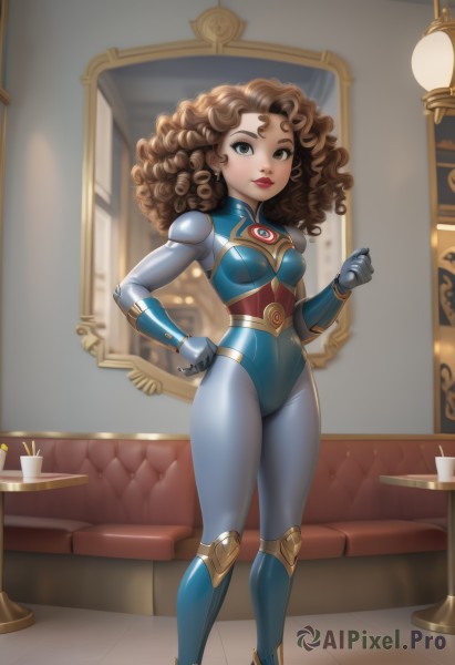 1girl,solo,long hair,breasts,looking at viewer,smile,brown hair,gloves,jewelry,standing,full body,small breasts,indoors,armor,lips,hand on hip,grey eyes,bodysuit,makeup,lipstick,clenched hand,couch,curly hair,red lips,blue leotard,superhero,brown eyes,pantyhose,earrings,boots,artist name,leotard,cup,table