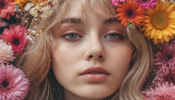 1girl, solo, long hair, looking at viewer, blonde hair, hair ornament, flower, parted lips, hair flower, blurry, lips, grey eyes, eyelashes, portrait, close-up, pink flower, realistic, nose, sunflower