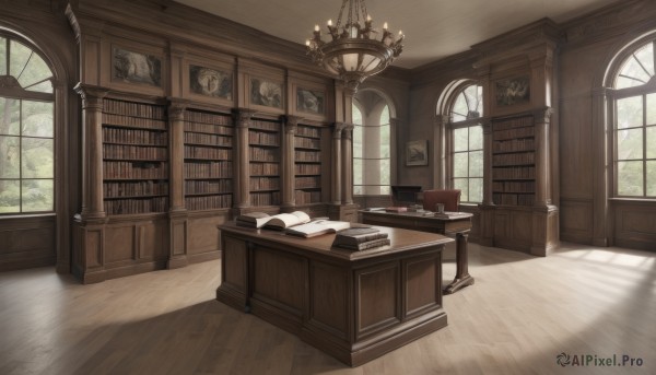 day,indoors,blurry,tree,book,no humans,window,chair,table,sunlight,plant,curtains,scenery,desk,wooden floor,open book,door,bookshelf,lamp,candle,book stack,library,candlestand,chandelier,clock,painting (object),carpet