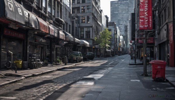 outdoors,sky,day,tree,no humans,window,shadow,ground vehicle,building,scenery,motor vehicle,city,sign,car,road,cityscape,lamppost,street,road sign,trash can,traffic light,air conditioner,truck,pavement,crosswalk,real world location,sidewalk,traffic cone,english text,plant,skyscraper