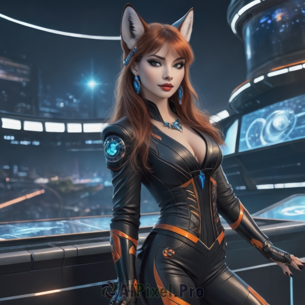 1girl,solo,long hair,breasts,looking at viewer,smile,large breasts,brown hair,hair ornament,gloves,animal ears,cleavage,jewelry,medium breasts,cowboy shot,earrings,black gloves,artist name,cat ears,fingerless gloves,necklace,nail polish,mole,lips,fox ears,mole under eye,bodysuit,makeup,night,lipstick,ground vehicle,pendant,science fiction,black bodysuit,red lips,bangs,long sleeves,green eyes,standing,red hair,blurry,fingernails,parted bangs,blurry background,black pants,fox girl,black nails,skin tight,eyeshadow,freckles,realistic,nose