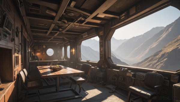 sky,day,indoors,no humans,window,chair,table,sunlight,ground vehicle,scenery,science fiction,mountain,cockpit,artist name,cup,book,landscape,seat