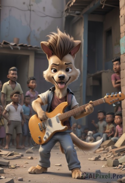 looking at viewer,open mouth,brown hair,shirt,holding,animal ears,brown eyes,tail,male focus,outdoors,multiple boys,shorts,barefoot,teeth,tongue,tongue out,fangs,denim,instrument,child,furry,6+boys,dog,music,guitar,furry male,male child,ruins,playing instrument,holding instrument,electric guitar,dog boy,rubble,smile,sitting,standing,white shirt,short sleeves,solo focus,day,pants,artist name,blurry,vest,watermark,building,red shirt,faceless,jeans,rock,blue pants,brown fur,buck teeth,acoustic guitar