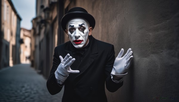 solo,looking at viewer,shirt,black hair,gloves,long sleeves,1boy,hat,bow,jacket,upper body,male focus,outdoors,necktie,day,white gloves,bowtie,blurry,black eyes,black jacket,hands up,black headwear,makeup,blurry background,bandages,parody,formal,suit,lipstick,building,meme,red lips,fedora,smile,brown eyes,closed mouth,black bow,depth of field,pale skin,black bowtie,bandaged hand,clown