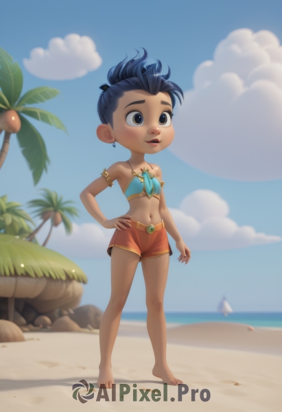 1girl,solo,short hair,black hair,navel,bare shoulders,brown eyes,jewelry,blue hair,standing,full body,earrings,outdoors,parted lips,sky,shorts,barefoot,teeth,day,midriff,artist name,cloud,dark skin,necklace,blurry,flat chest,dark-skinned female,tree,blue sky,lips,hand on hip,short shorts,blurry background,ocean,beach,child,armlet,sand,palm tree,female child,orange shorts,open mouth,signature,depth of field,coconut