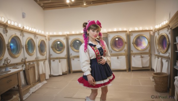 1girl,solo,long hair,looking at viewer,smile,bangs,blue eyes,skirt,brown hair,shirt,long sleeves,dress,bow,jewelry,standing,white shirt,pink hair,braid,multicolored hair,earrings,frills,parted lips,socks,indoors,hair bun,twin braids,two-tone hair,lips,gradient hair,makeup,drill hair,ring,lipstick,realistic,nose,weighing scale,breasts,black hair,ribbon,holding,twintails,hair bow,necklace,pink bow,blouse,twin drills,corset,basket,cabinet,washing machine