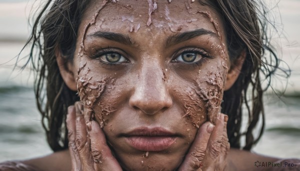 1girl,solo,long hair,looking at viewer,brown hair,black hair,brown eyes,closed mouth,blurry,lips,wet,blurry background,portrait,close-up,freckles,realistic,nose,hands on own face,straight-on,hands on another's face,mole on cheek,1boy,green eyes,male focus,eyelashes,depth of field,messy hair