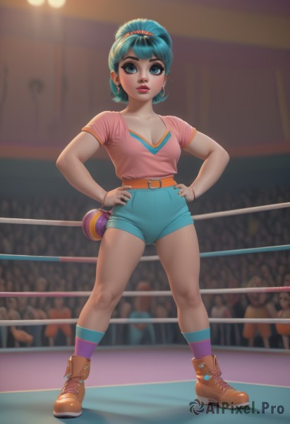 bulma,1girl,solo,breasts,looking at viewer,short hair,bangs,blue eyes,shirt,cleavage,jewelry,medium breasts,closed mouth,blue hair,standing,collarbone,full body,ponytail,short sleeves,hairband,earrings,small breasts,boots,parted lips,shoes,shorts,solo focus,socks,striped,belt,artist name,indoors,signature,bag,nail polish,blurry,bracelet,lips,fingernails,short shorts,eyelashes,aqua hair,makeup,alternate hairstyle,depth of field,blurry background,watermark,brown footwear,denim,lipstick,t-shirt,wristband,buckle,eyeshadow,cross-laced footwear,legs apart,contrapposto,blue shorts,pink shirt,hands on hips,hoop earrings,belt buckle,nose,red lips,ankle boots,brown belt,eyeliner,crowd,mascara,orange footwear,striped socks,high-waist shorts,pink belt,green socks,purple socks,web address,multicolored clothes,realistic,multicolored legwear