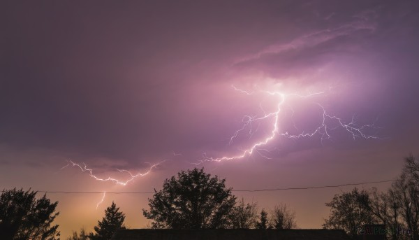 outdoors,sky,cloud,tree,no humans,cloudy sky,nature,scenery,forest,sunset,electricity,power lines,utility pole,lightning,purple sky,water,ocean,horizon,landscape