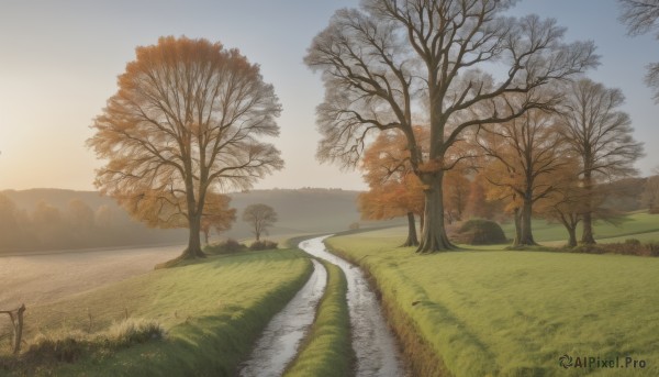 solo,outdoors,sky,day,cloud,water,tree,blue sky,no humans,grass,nature,scenery,forest,sunset,mountain,fence,road,autumn leaves,bare tree,river,autumn,landscape,lake,path,flower,bush,field