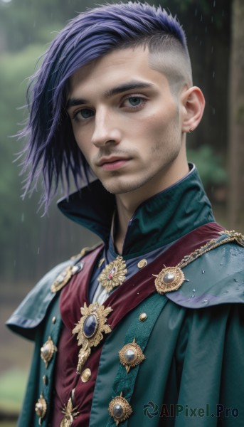 solo,looking at viewer,short hair,blue eyes,shirt,black hair,1boy,jewelry,closed mouth,green eyes,jacket,upper body,purple hair,male focus,multicolored hair,earrings,outdoors,artist name,medium hair,necklace,armor,blurry,tree,lips,coat,grey eyes,depth of field,blurry background,facial hair,brooch,shoulder armor,gem,beard,rain,green jacket,realistic,nose,uniform,military,military uniform,scar,very short hair,undercut,medal