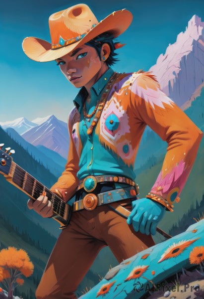 1girl,solo,looking at viewer,short hair,blue eyes,shirt,black hair,gloves,long sleeves,1boy,hat,holding,jewelry,standing,jacket,flower,cowboy shot,earrings,outdoors,sky,day,collared shirt,belt,pants,dark skin,necklace,bracelet,lips,watermark,blue shirt,instrument,web address,single glove,freckles,mountain,blue gloves,guitar,very short hair,field,brown pants,playing instrument,electric guitar,cowboy hat,male focus,artist name,nail polish,vest,blue sky,fingernails,nature,bandaid,buckle,forest,nose,sunflower,bandaid on face,stud earrings,facepaint,print shirt,cowboy western