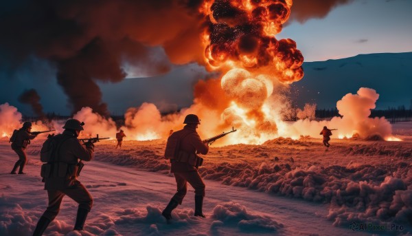 hat,holding,standing,weapon,boots,outdoors,multiple boys,sky,cloud,2boys,water,bag,holding weapon,uniform,gun,military,military uniform,ocean,backpack,3boys,helmet,fire,holding gun,scenery,rifle,smoke,4boys,running,horizon,assault rifle,battle,explosion,firing,world war ii,soldier,burning,war,signature,6+boys