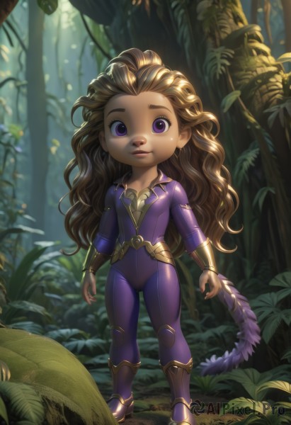 1girl,solo,long hair,looking at viewer,smile,blonde hair,brown hair,standing,purple eyes,tail,full body,outdoors,dark skin,nail polish,dark-skinned female,tree,bodysuit,plant,nature,forest,collarbone,boots,belt,artist name,blurry,flat chest,lips,fingernails,loli,blurry background,leaf,wavy hair,red nails,curly hair,purple bodysuit