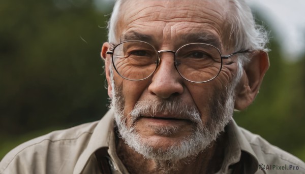 solo,looking at viewer,short hair,shirt,1boy,closed mouth,white shirt,white hair,male focus,glasses,collared shirt,blurry,black eyes,blurry background,facial hair,portrait,beard,black-framed eyewear,mature male,realistic,round eyewear,mustache,manly,old,old man,wrinkled skin,grey hair,necktie,lips,black shirt,depth of field,wing collar,black necktie,close-up,nose,labcoat