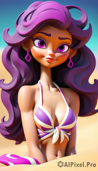 1girl,solo,long hair,breasts,looking at viewer,smile,navel,cleavage,bare shoulders,jewelry,medium breasts,purple eyes,collarbone,swimsuit,upper body,purple hair,bikini,earrings,small breasts,day,dark skin,dark-skinned female,lips,makeup,wavy hair,beach,lipstick,tan,front-tie top,eyeshadow,front-tie bikini top,purple bikini,sitting,multicolored hair,midriff,stomach,two-tone hair,bikini top only,multicolored clothes,asymmetrical hair,indian style,multicolored bikini