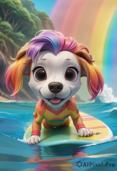 1girl,solo,looking at viewer,open mouth,long sleeves,animal ears,brown eyes,purple hair,multicolored hair,outdoors,sky,teeth,day,tongue,artist name,cloud,tongue out,water,blurry,tree,blue sky,blurry background,animal,watermark,furry,innertube,furry female,furry male,rainbow,surfboard,shirt,full body,pink hair,black eyes,two-tone hair,no humans,ocean,fangs,dog ears,wading,dog