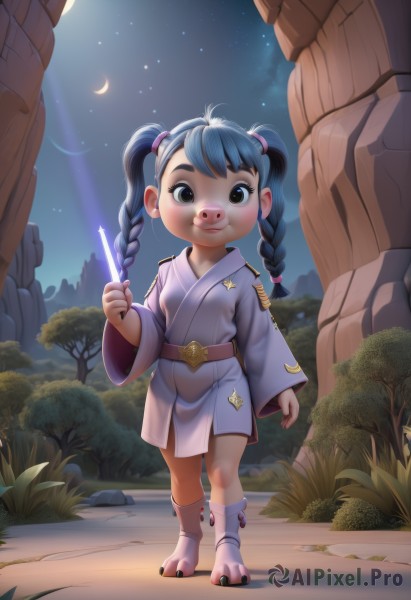 1girl,solo,long hair,looking at viewer,smile,black hair,long sleeves,holding,twintails,brown eyes,blue hair,standing,full body,weapon,braid,boots,outdoors,japanese clothes,sky,belt,sword,artist name,wide sleeves,kimono,black eyes,twin braids,tree,night,moon,child,star (sky),night sky,furry,starry sky,robe,wand,female child,short kimono,crescent moon,energy sword,lightsaber