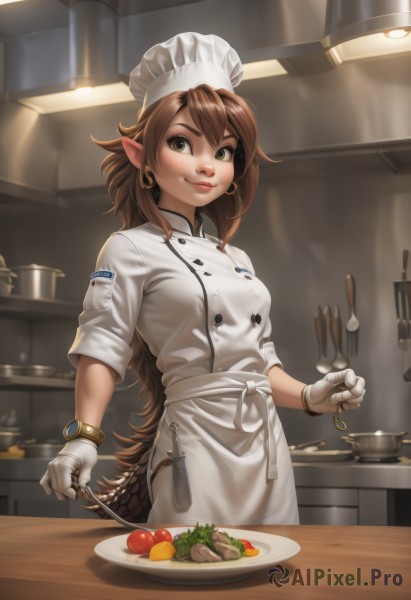 1girl,solo,long hair,breasts,looking at viewer,smile,brown hair,gloves,hat,holding,brown eyes,jewelry,green eyes,tail,earrings,food,pointy ears,indoors,white gloves,apron,bracelet,lips,buttons,white headwear,knife,plate,dragon girl,hoop earrings,spoon,nose,dragon tail,fork,holding knife,kitchen,chef hat,chef,kitchen knife,bangs,medium breasts,cowboy shot,cup,fruit,waist apron,watch,double-breasted,wristwatch,ladle