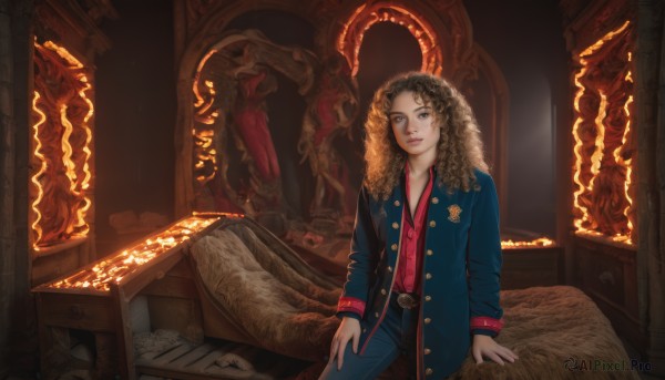 1girl,solo,long hair,looking at viewer,smile,blue eyes,brown hair,shirt,black hair,long sleeves,1boy,sitting,standing,jacket,male focus,open clothes,collared shirt,belt,pants,indoors,lips,coat,fur trim,buttons,chair,table,denim,blue jacket,red shirt,buckle,curly hair,jeans,realistic,unbuttoned,blue pants,blue coat,statue,fireplace,parted lips,arm support,wavy hair,gold