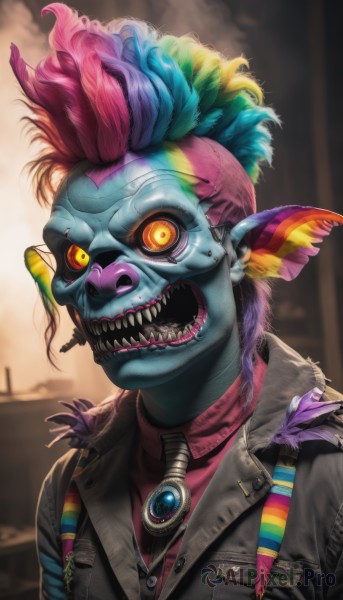 1girl,solo,looking at viewer,open mouth,shirt,1boy,jewelry,blue hair,jacket,yellow eyes,upper body,pink hair,male focus,multicolored hair,earrings,teeth,pointy ears,artist name,signature,orange eyes,colored skin,feathers,sharp teeth,red shirt,colored sclera,blue skin,feather hair ornament,facepaint,green skin,yellow sclera,mohawk,clown,green hair,two-tone hair,makeup,leather,leather jacket,rainbow hair